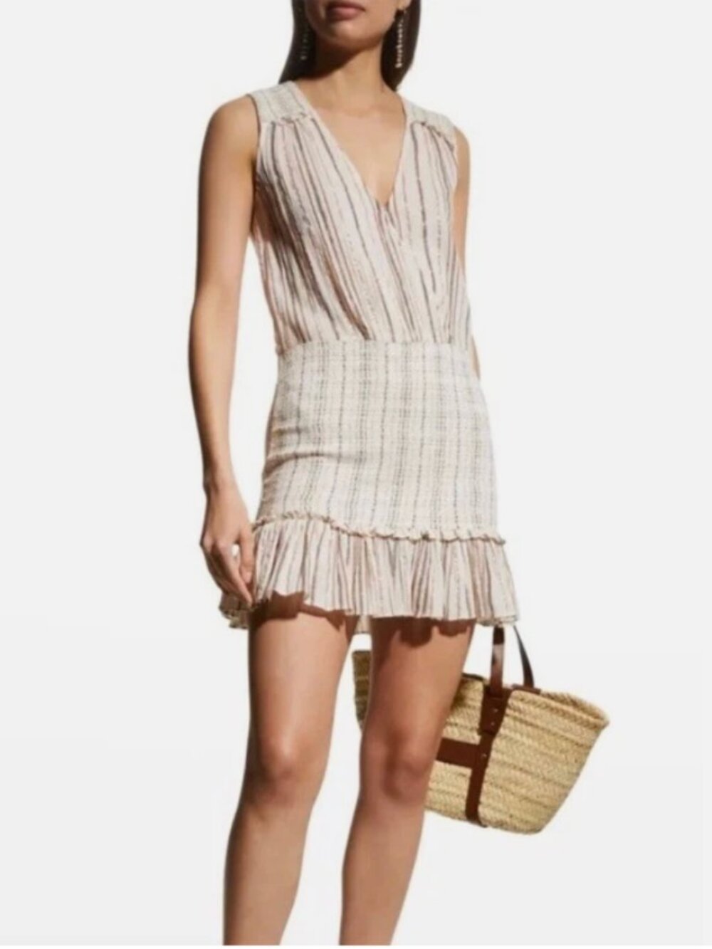 Veronica Beard Medium Cox Smocked Striped Mini Dress Beige Rose Gold Boho Chic